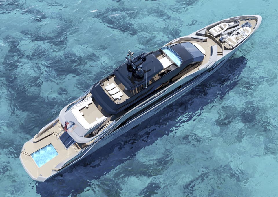 Tankoa T55 Sportiva from the air, over clear turquoise water